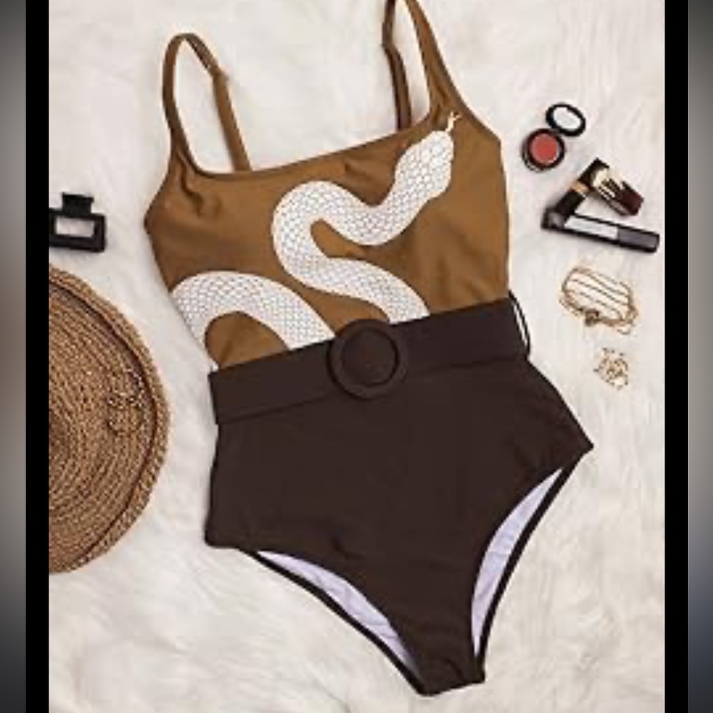 Averie Brown and White Snake Belted Swimsuit